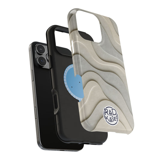 Phone case with wavy design and visible brand logo on a white background