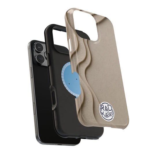 Phone cases in black and beige with a blue logo on a white background