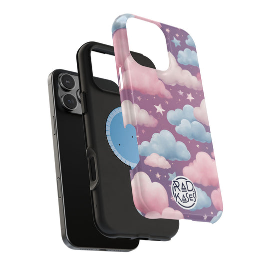 Phone case with cloud and star design on a white background