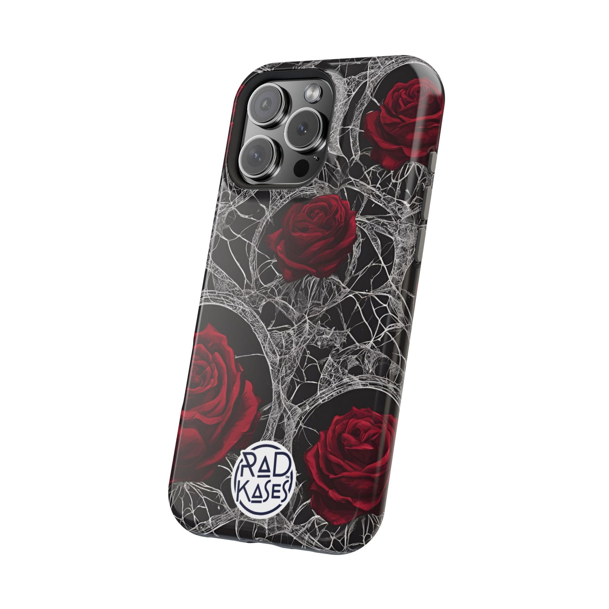 Phone case with red roses and spider web design on a white background