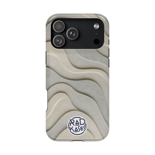 Phone case with wavy pattern and Rad Kases logo on a white background