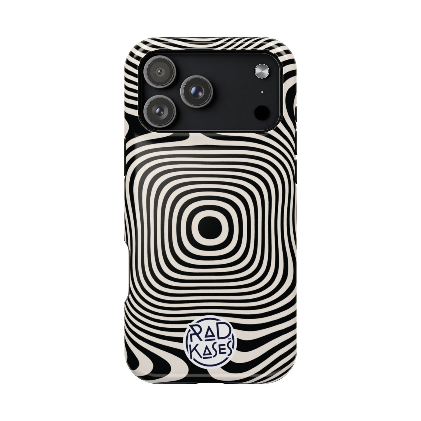 Phone case with black and white spiral pattern on a white background