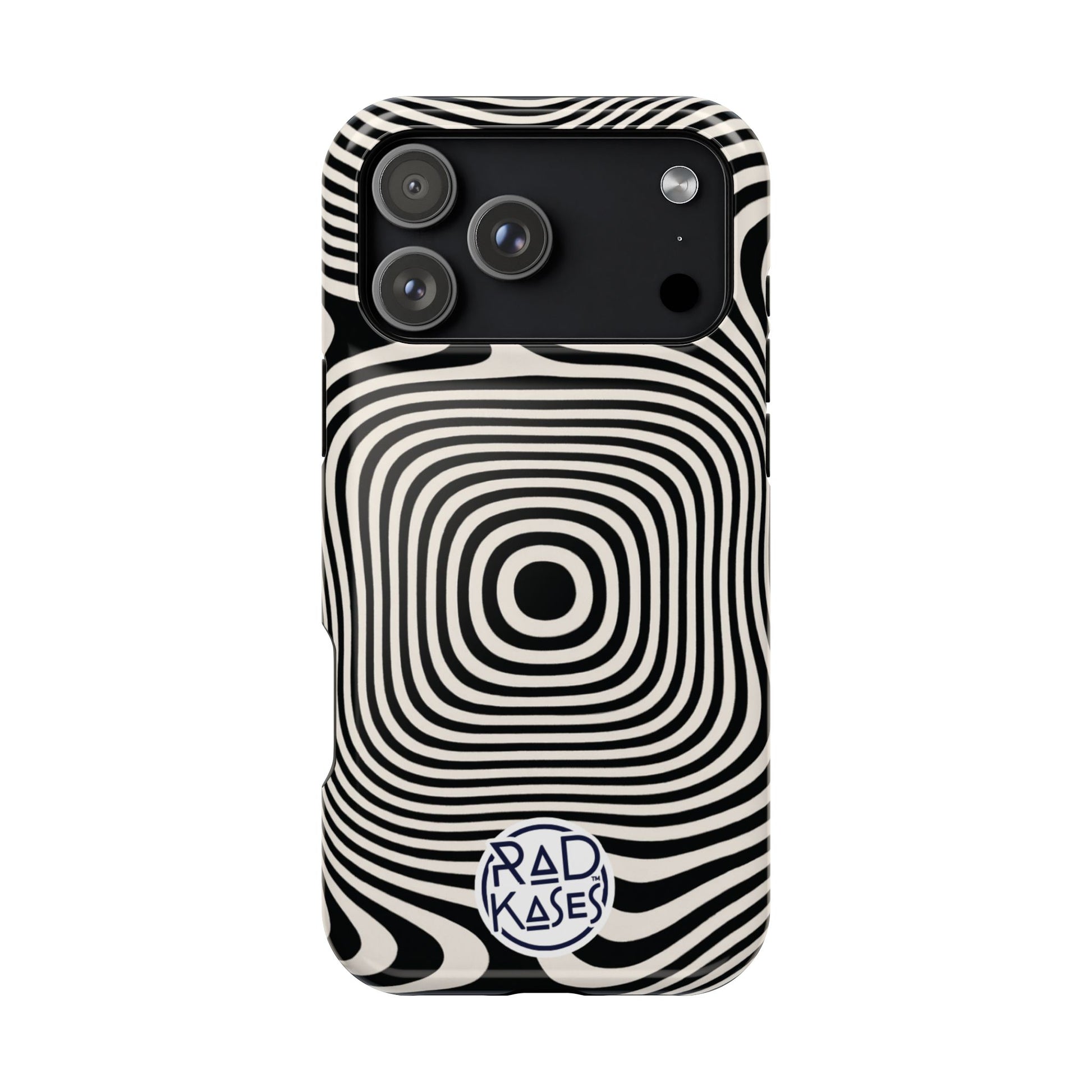 Phone case with black and white spiral pattern on a white background