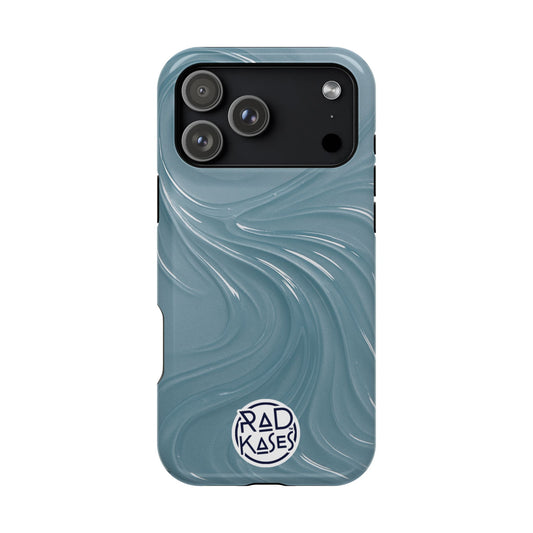 Blue wavy patterned phone case with 'Rad Kases' logo on a white background