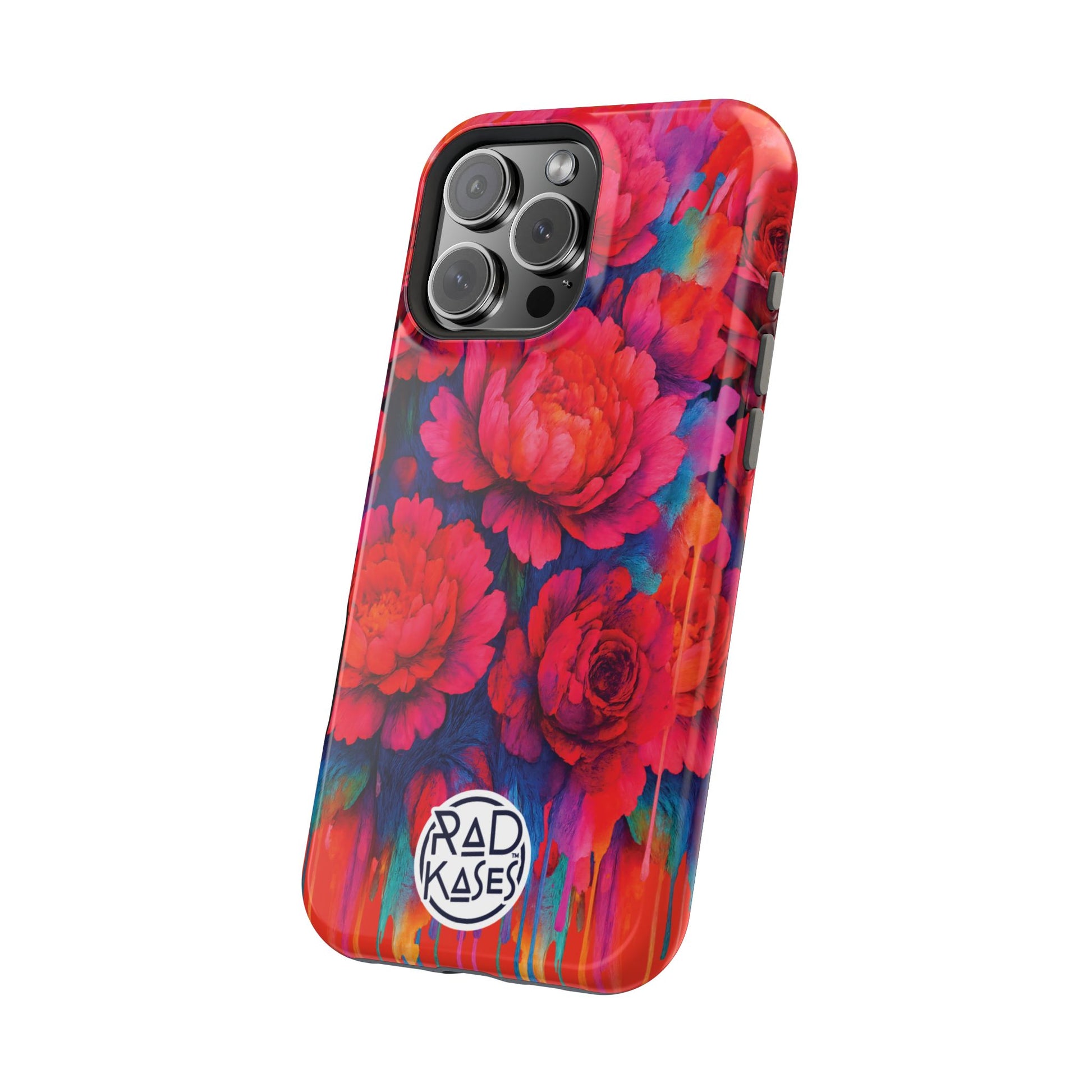 Colorful floral phone case with 'Rad Kase' branding on a white background