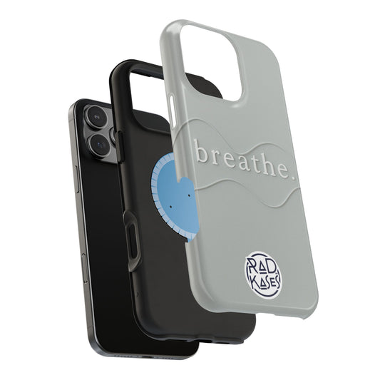 Phone case with 'breathe' text and Rad Kases logo on a white background
