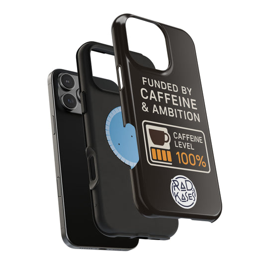 Black phone case with caffeine-themed design on a white background