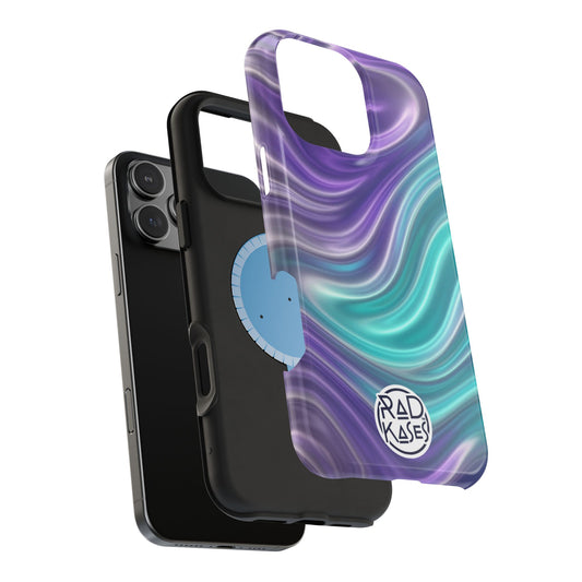 Phone case with colorful wavy design and 'RAD KASES' branding on a white background