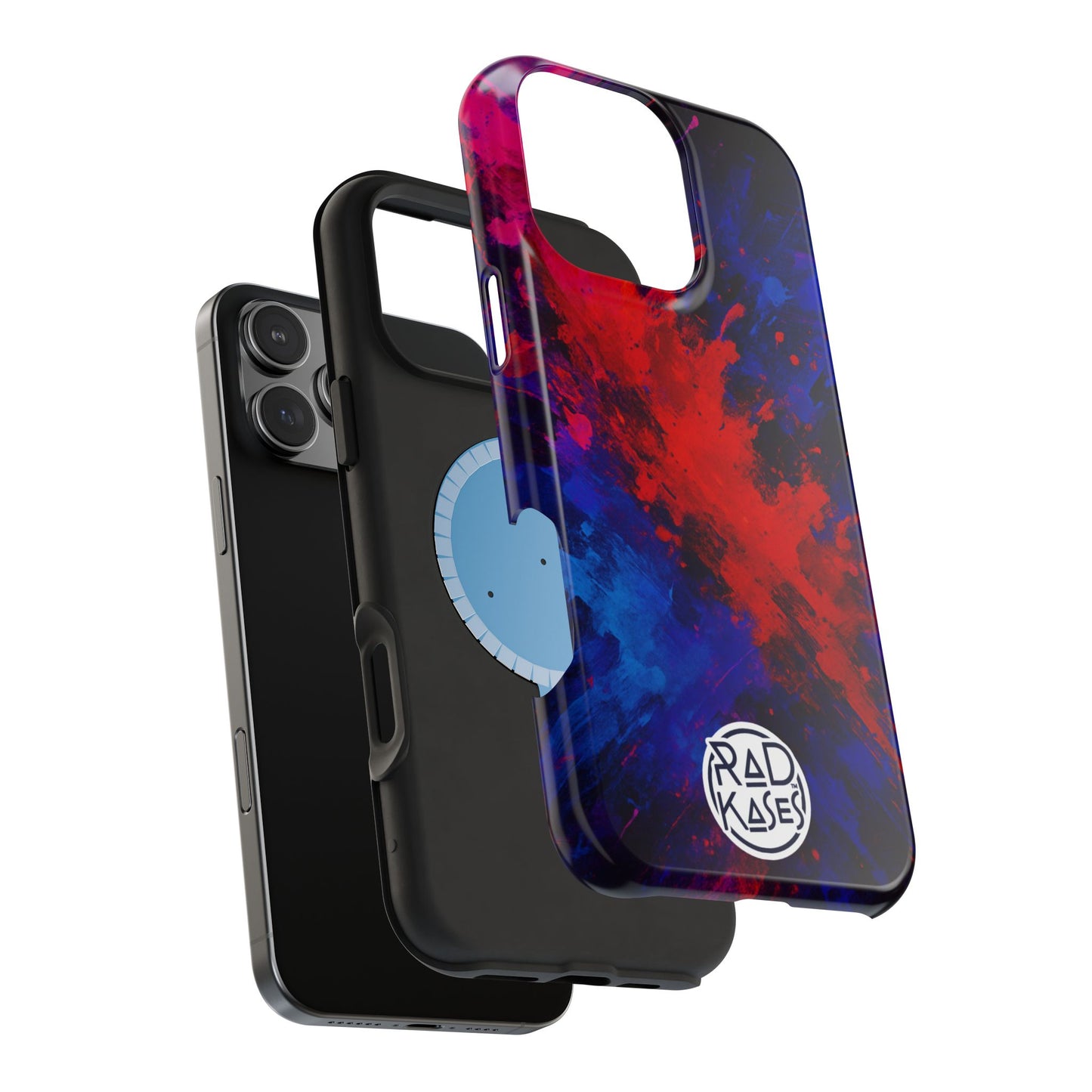 Phone case with colorful abstract design and 'RAD KASES' branding on a white background