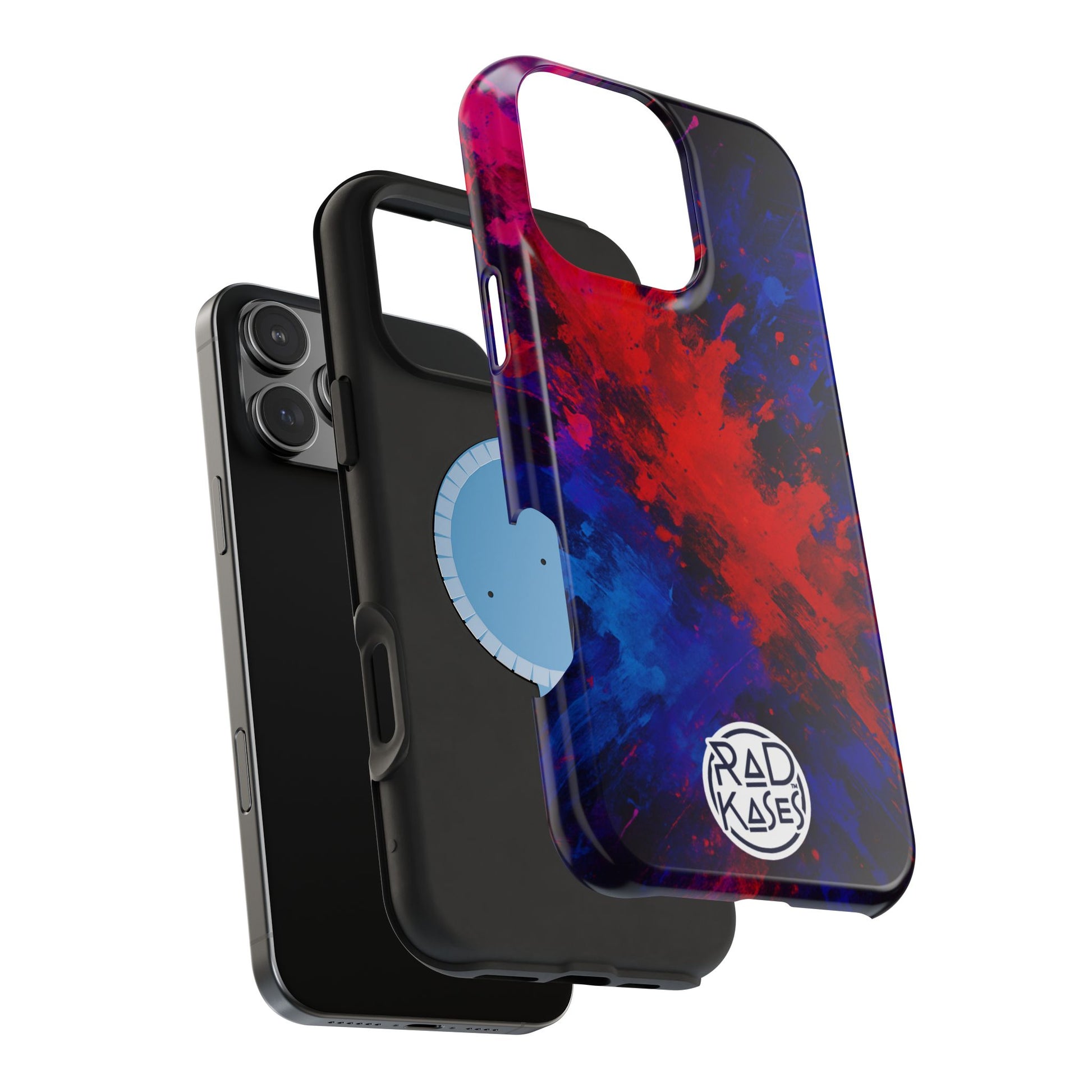 Phone case with colorful abstract design and 'RAD KASES' branding on a white background