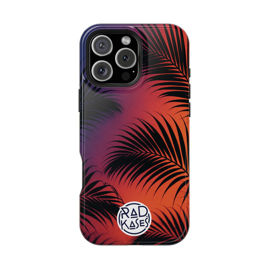 Phone case with palm leaf design and RADKASES branding on a white background