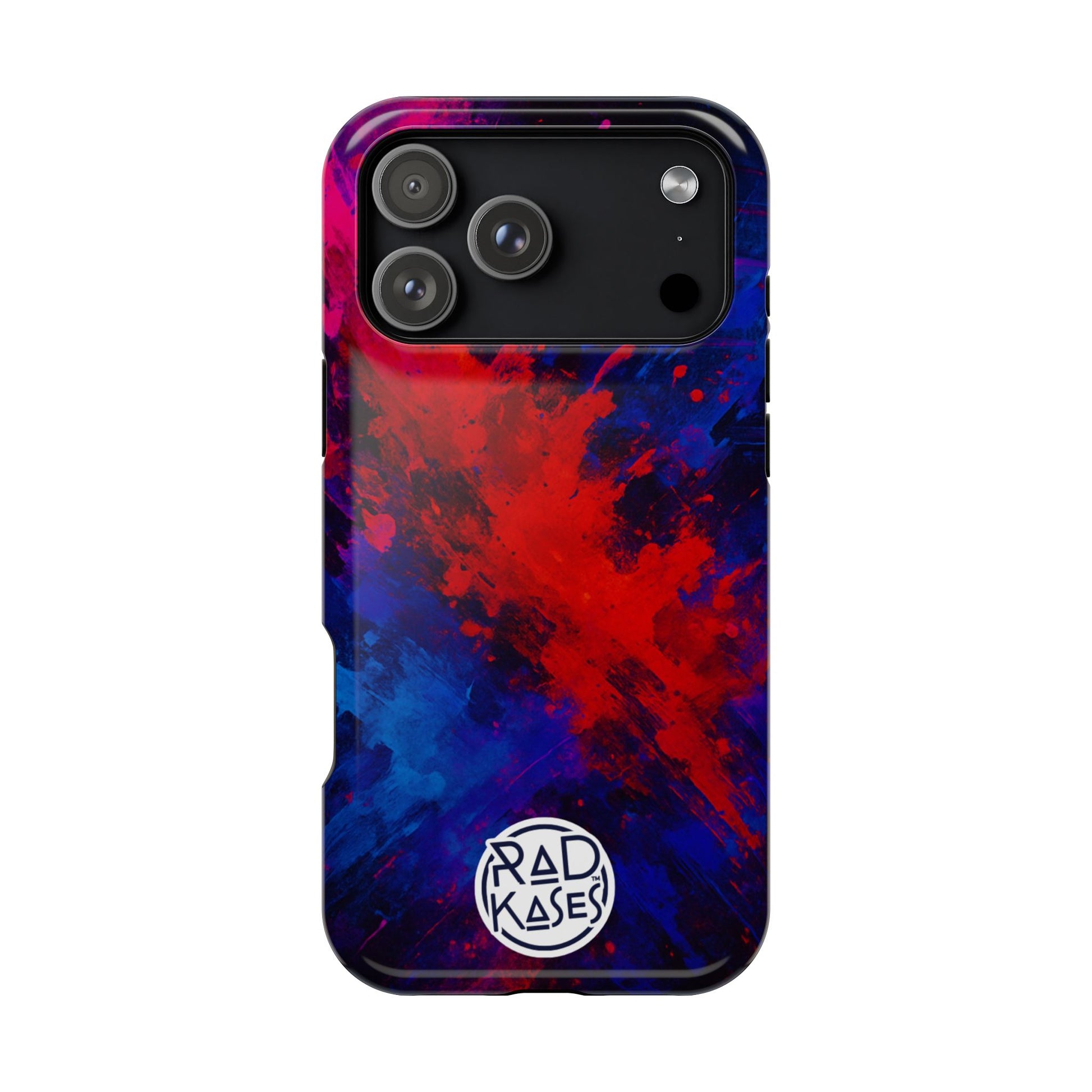 Phone case with red and blue abstract design on a white background