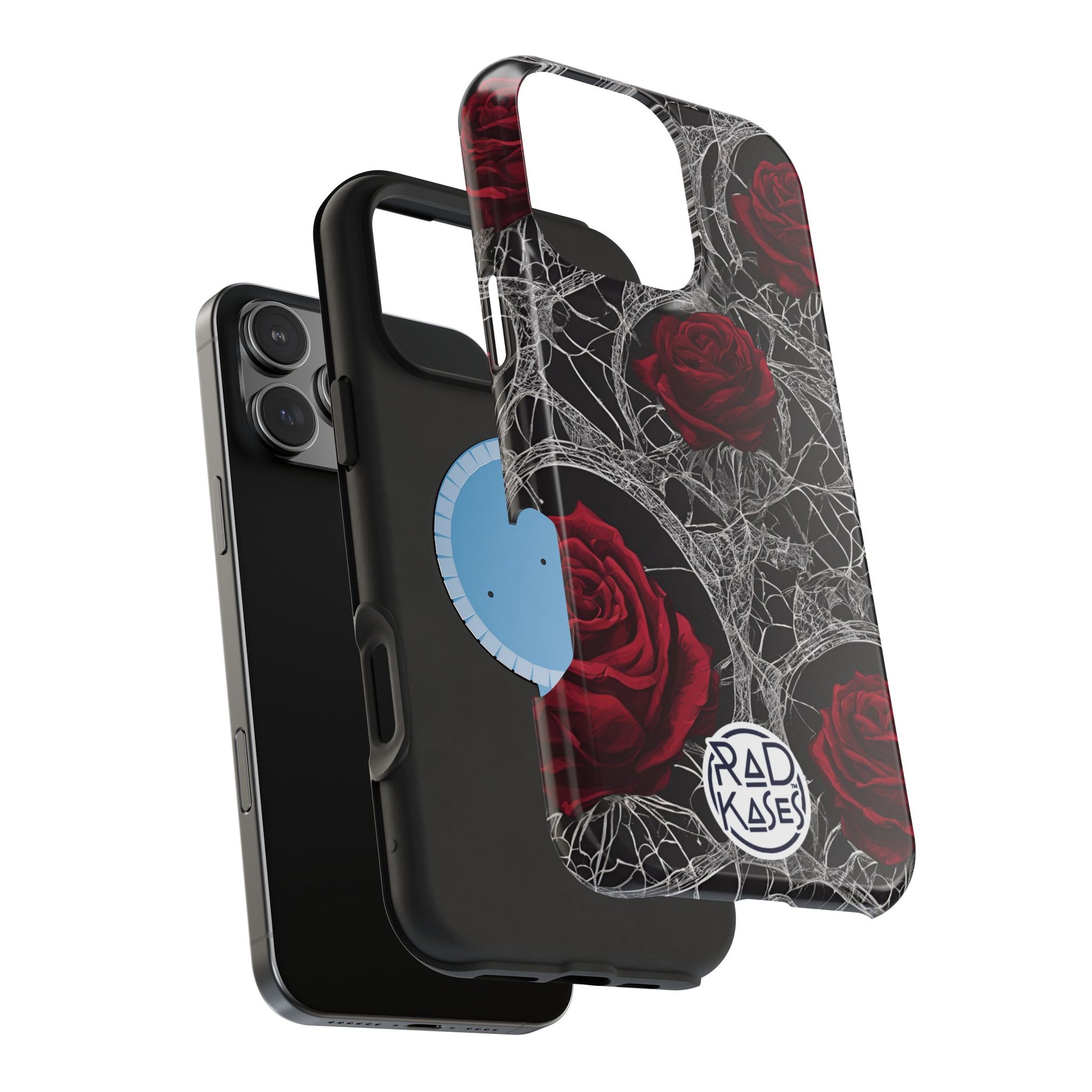 Phone case with red roses and 'RadKases' branding on a white background