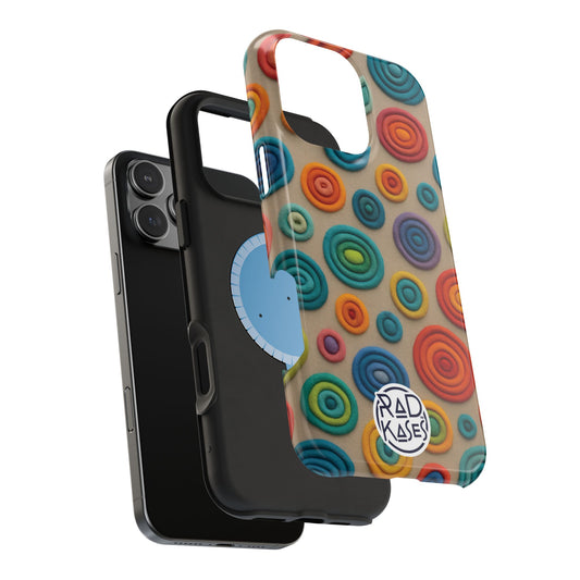 Colorful phone case with circular pattern and 'Rad Kases' branding on a white background