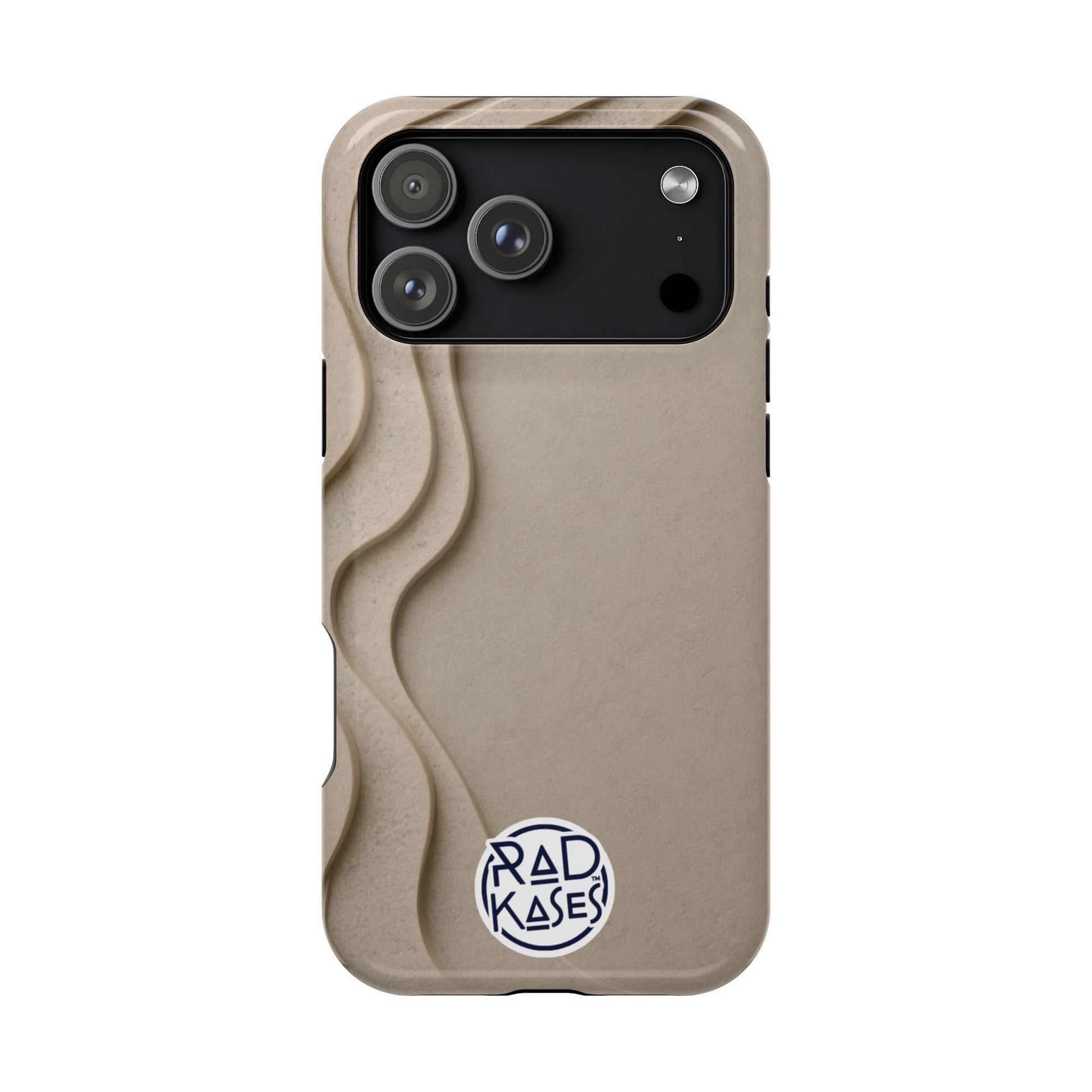 Beige phone case with wavy design and 'Rad Kases' logo on a white background