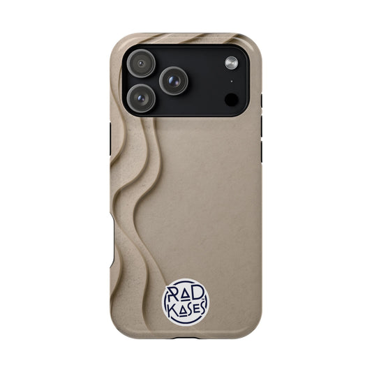 Beige phone case with wavy design and 'Rad Kases' logo on a white background