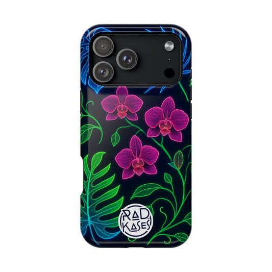 Phone case with pink flowers and green leaves on a black background, featuring the brand 'Rad Kases'.