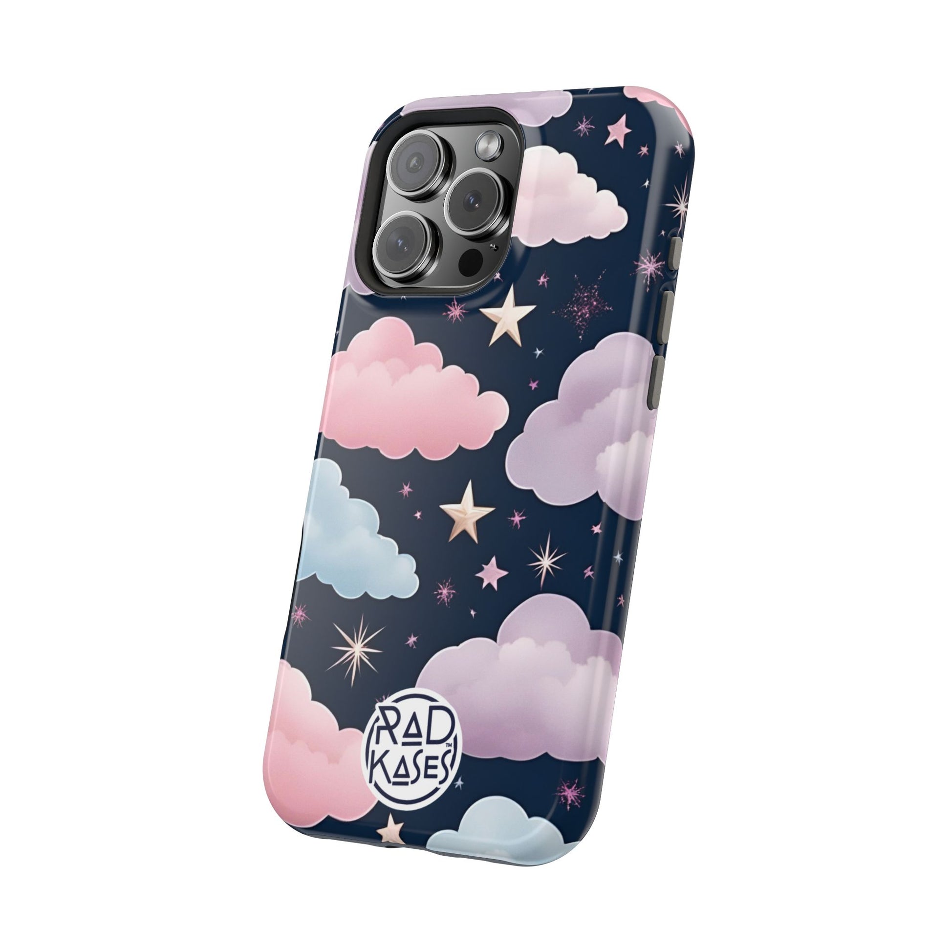 Phone case with cloud and star design on a white background