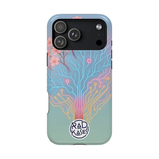 Phone case with floral and circuit board design on a light blue background, featuring the brand 'Rad Kases'.