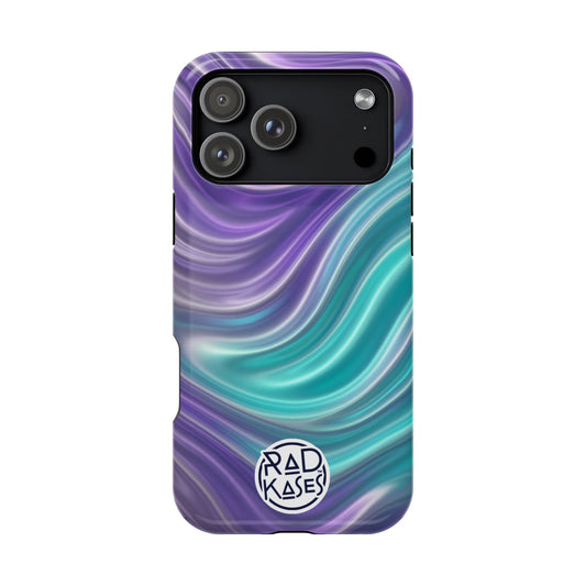 Phone case with purple and teal wave pattern on a white background
