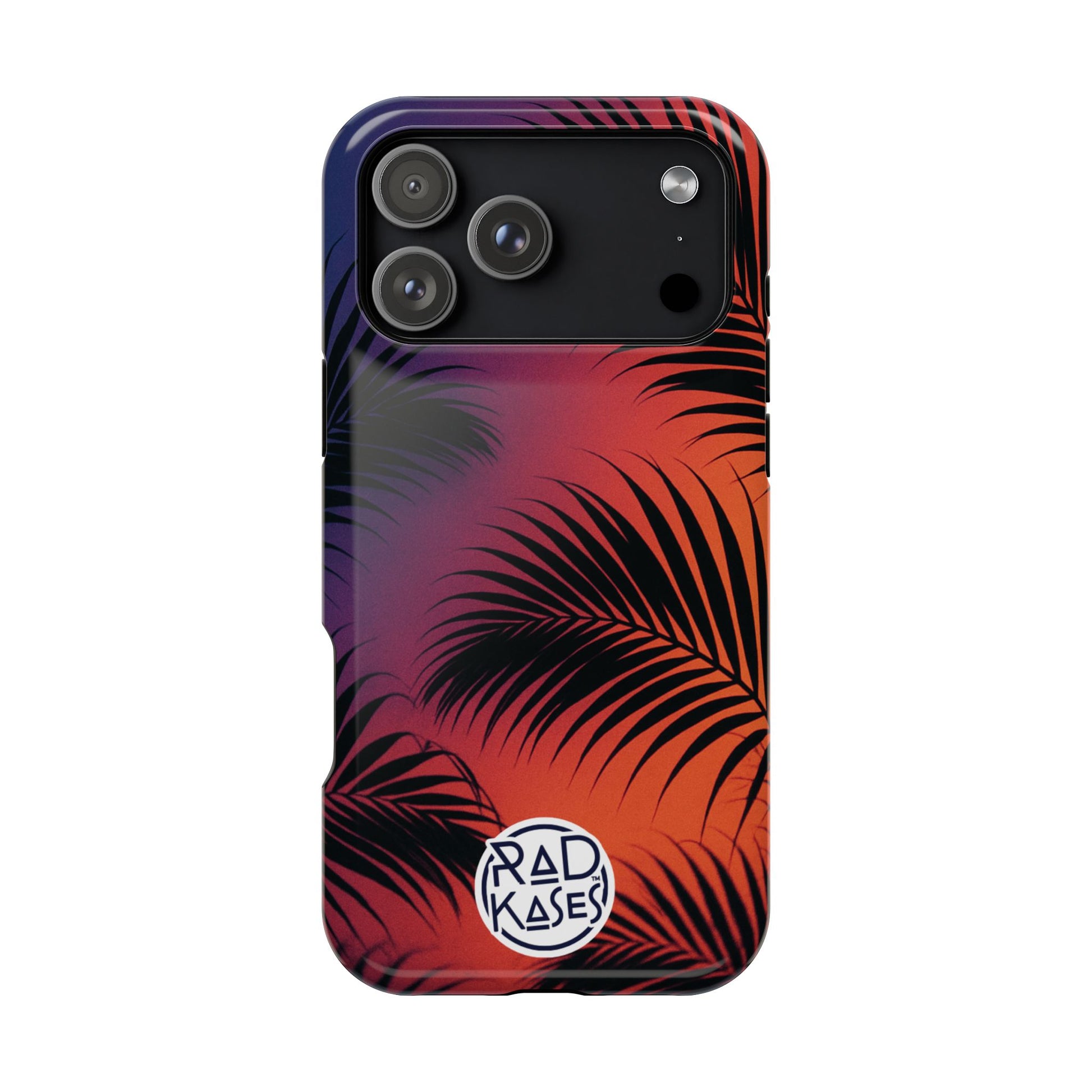 Phone case with palm leaf design and Rad Kases branding on a white background