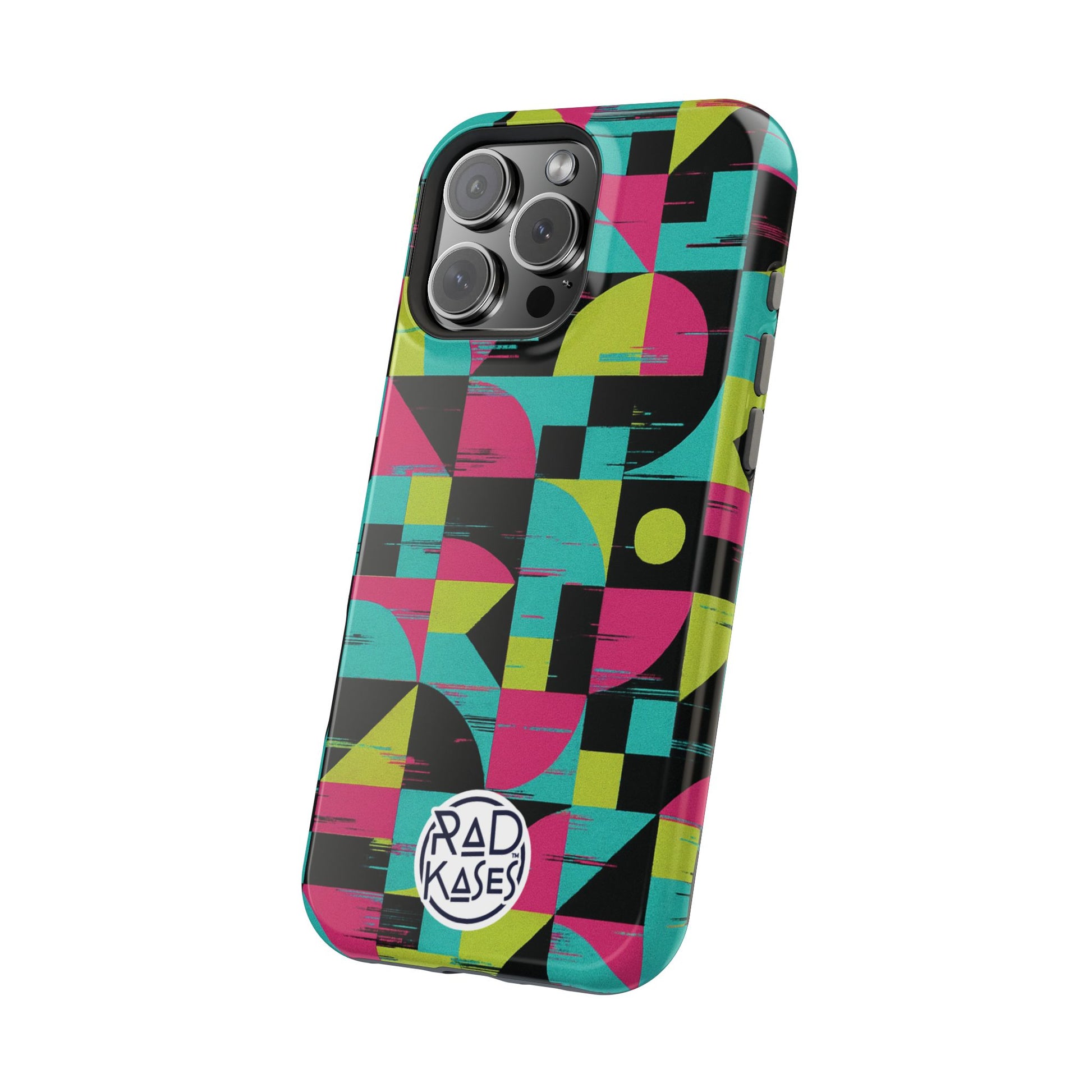 Phone case with geometric pattern and Rad Kases branding on a white background