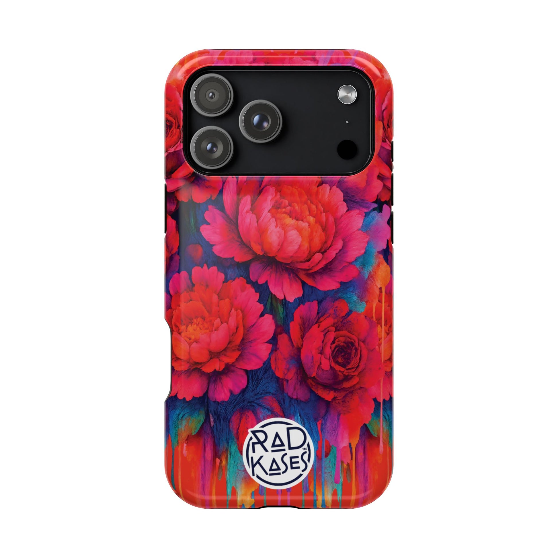 Phone case with vibrant floral design and 'Rad Kases' branding on a white background