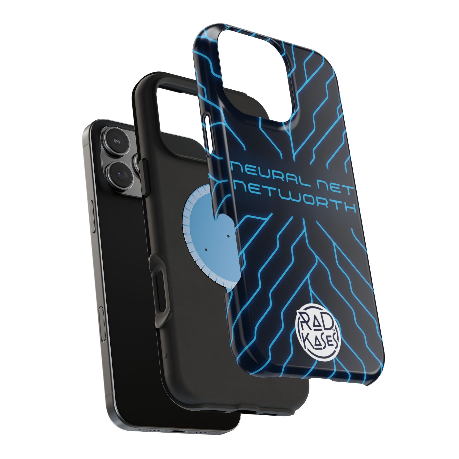 Phone case with 'Neural Net Worth' design and 'Rad Kases' branding on a white background