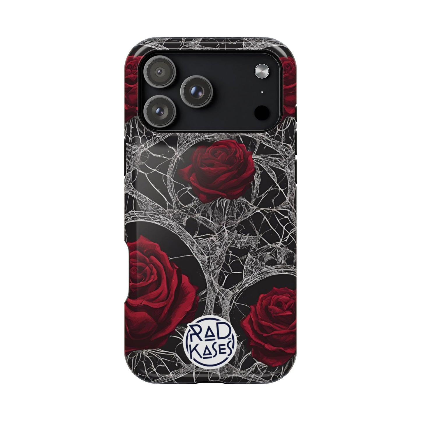 Phone case with red roses and spider webs design on a black background, featuring the brand 'RadKases'.