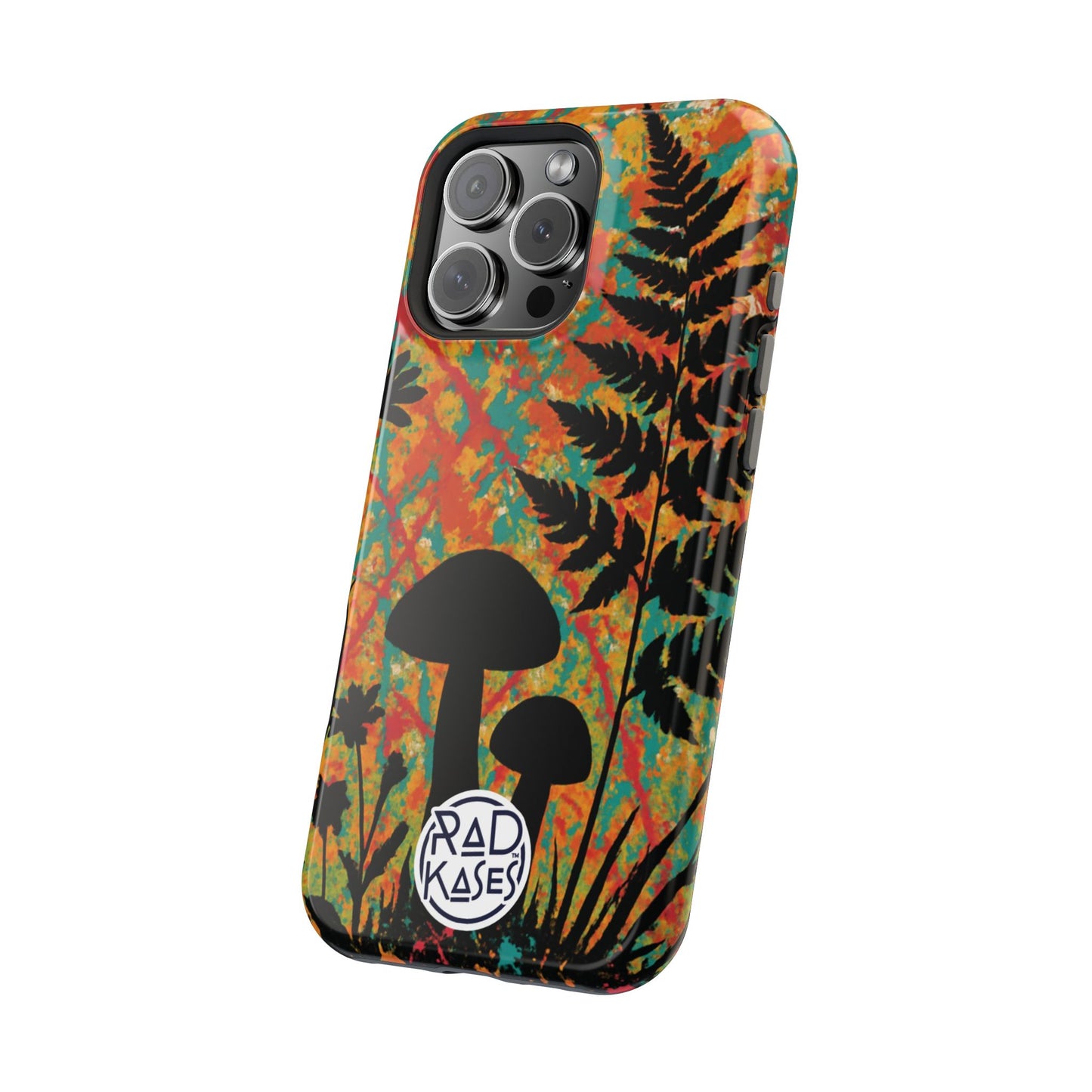 Phone case with colorful leaf pattern and black mushrooms on a white background