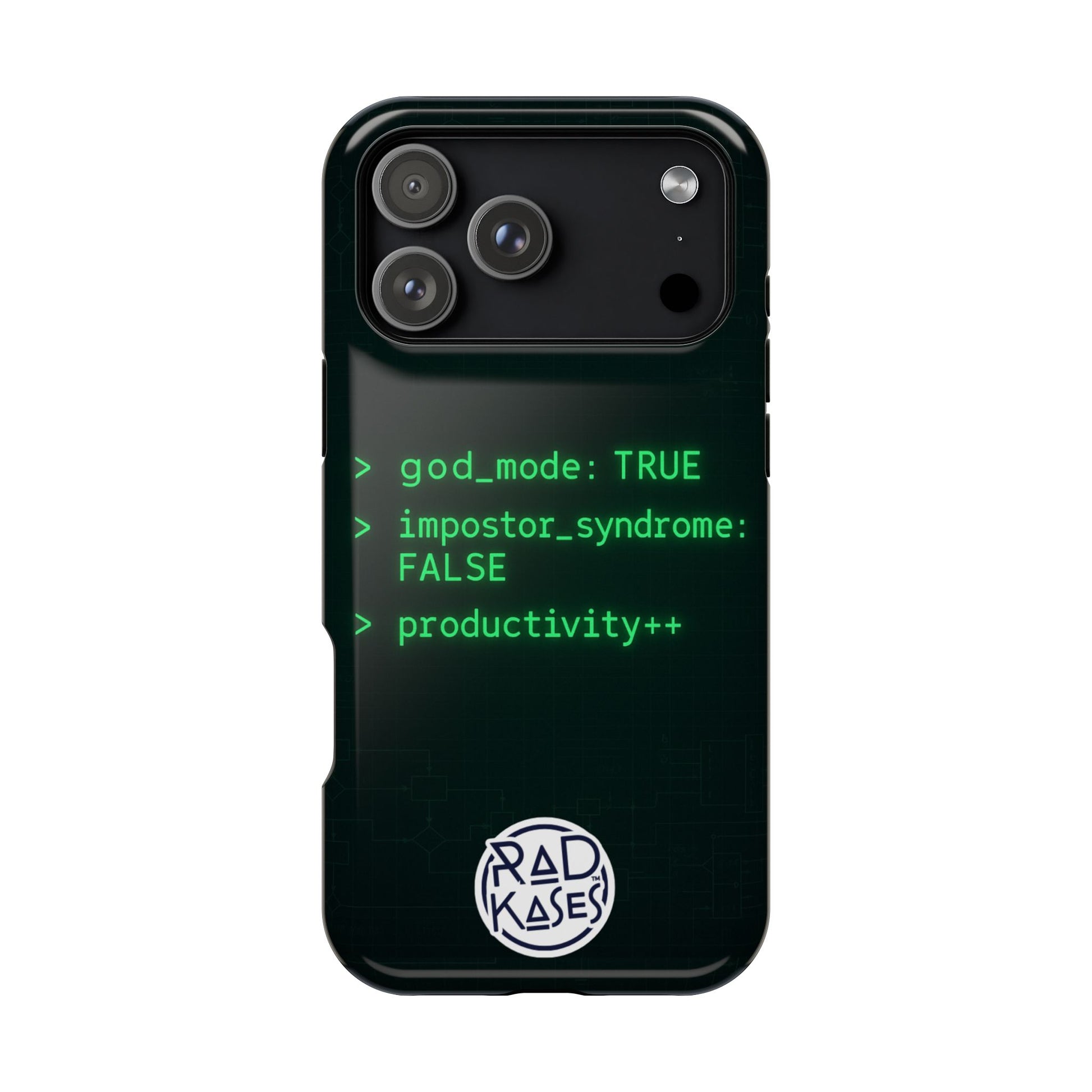 Black phone case with green text and 'RAD KASES' logo on a white background