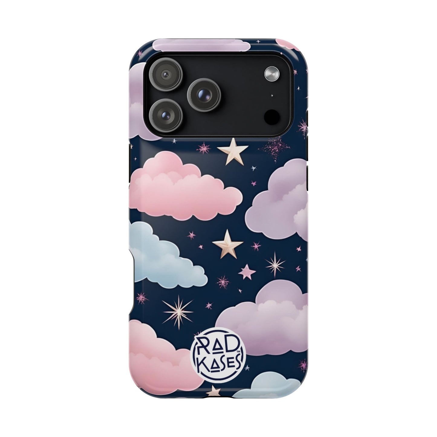 Phone case with cloud and star design on a blue background, featuring the brand 'Rad Kases'.