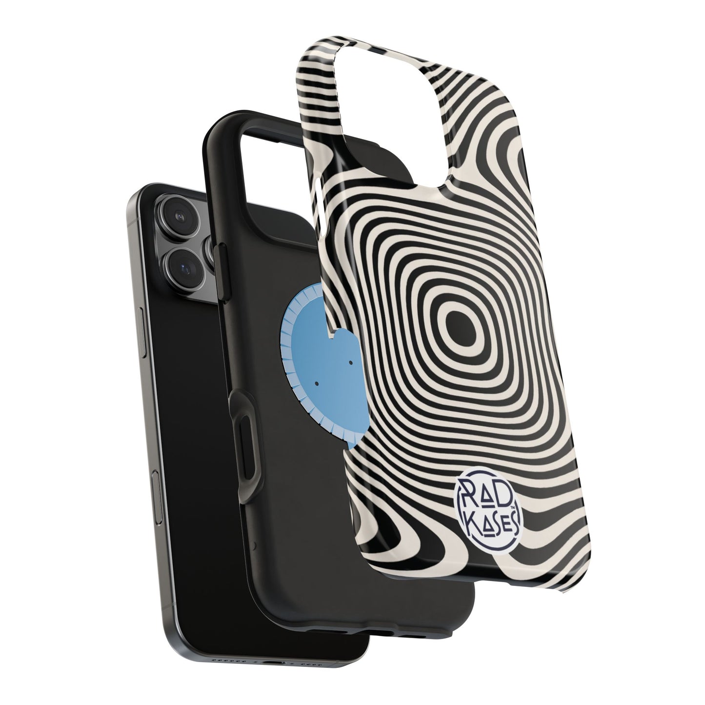 Phone case with black and white spiral design and blue circular logo on a white background