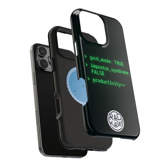 Black phone case with text and logo on a white background