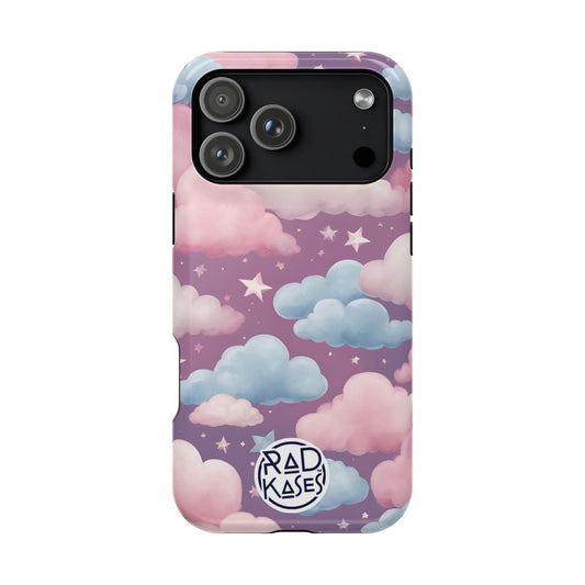 Phone case with cloud and star design on a purple background, featuring the brand 'RAD KASES'.