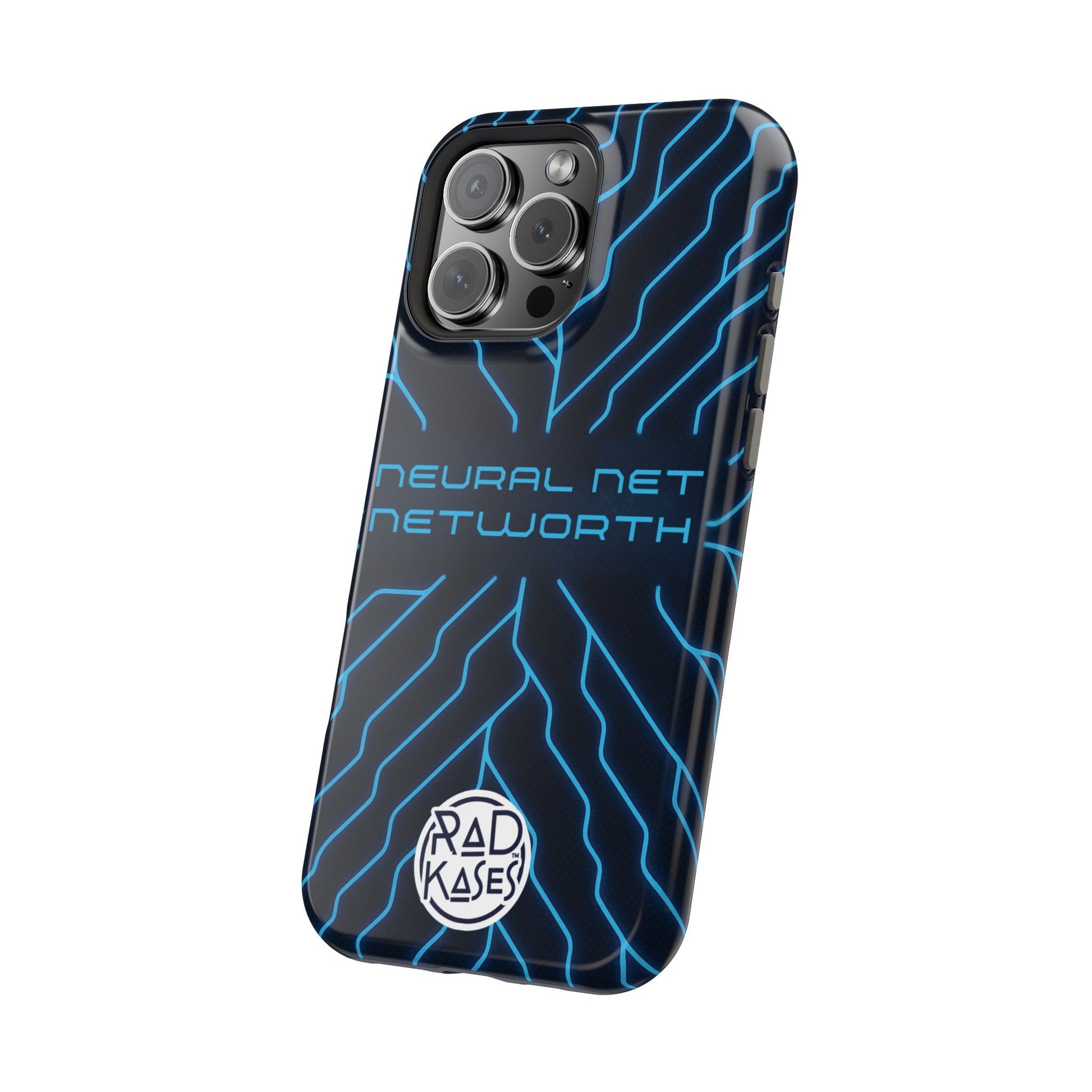 Phone case with blue neural network design and 'Rad Kases' branding on a white background