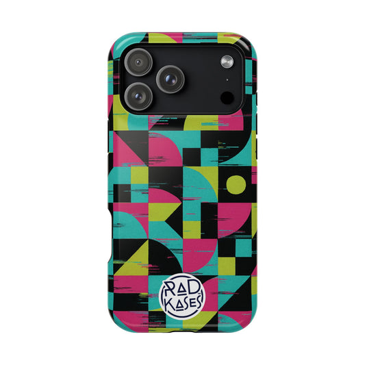 Phone case with geometric pattern and 'Rad Kases' branding on a white background