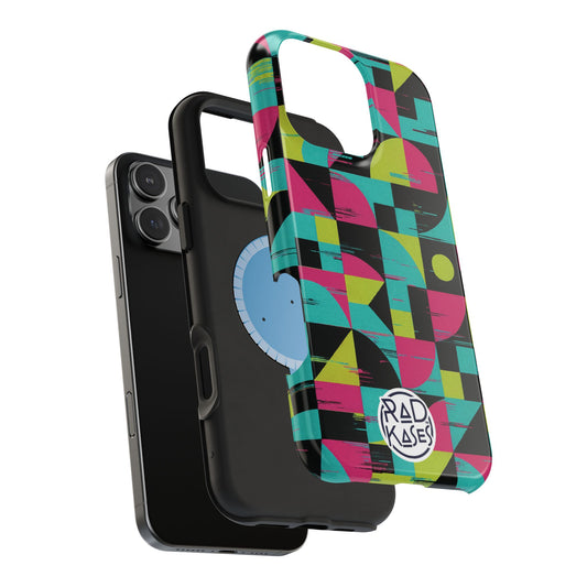 Colorful geometric patterned phone case with 'RAD KASES' branding on a white background