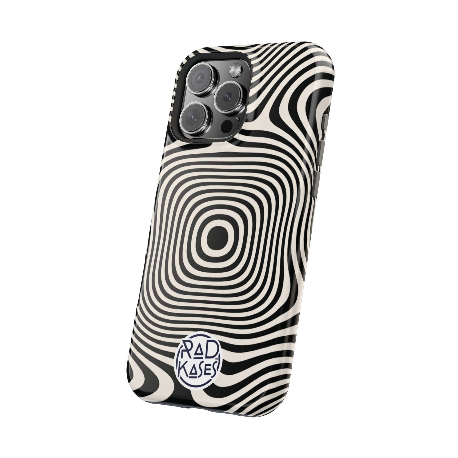 Black and white wavy patterned phone case with 'Rad Kase' branding on a white background