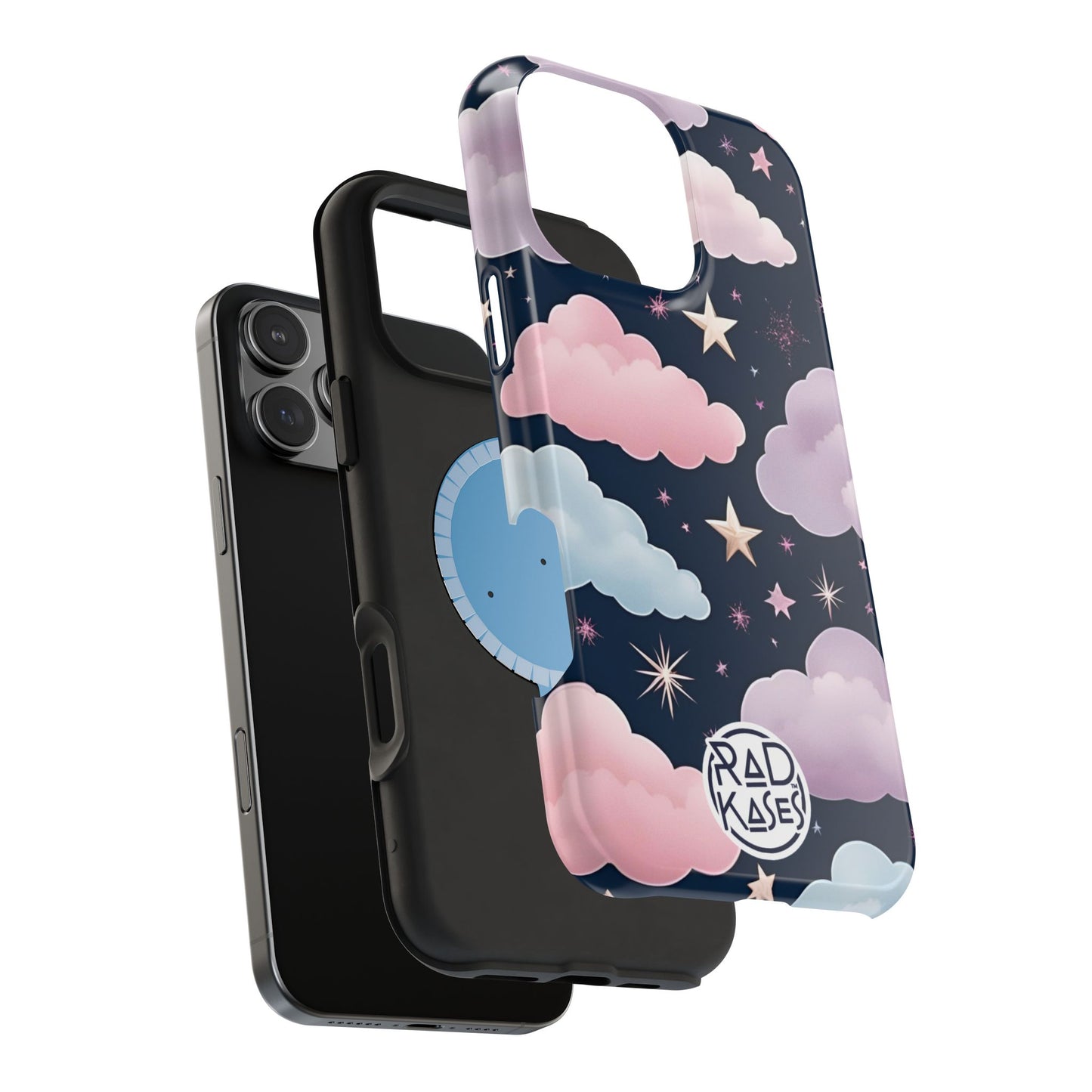 Phone case with cloud and star design on a white background