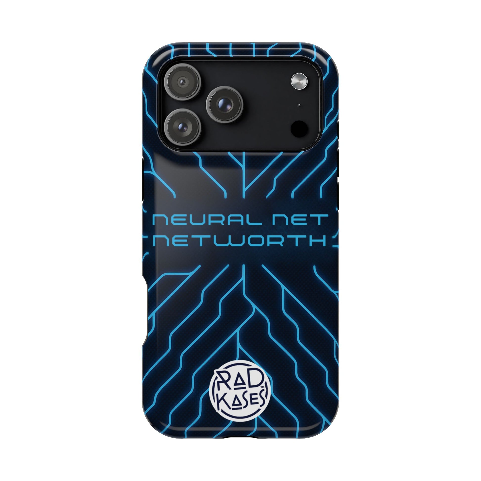 Phone case with blue circuit design and 'Rad Kases' branding on a white background