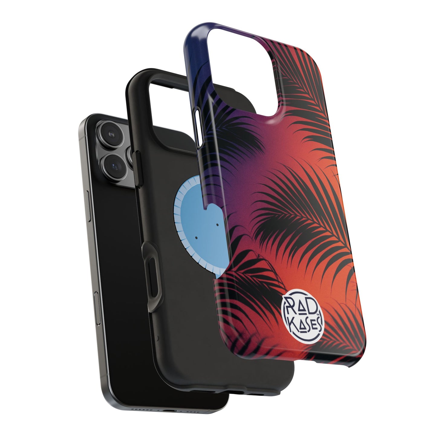 Phone case with colorful palm leaf design and Rad Kases logo on a white background