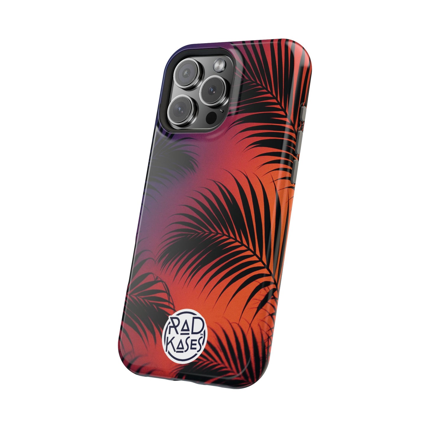 Phone case with palm leaf design and Rad Kases branding on a white background