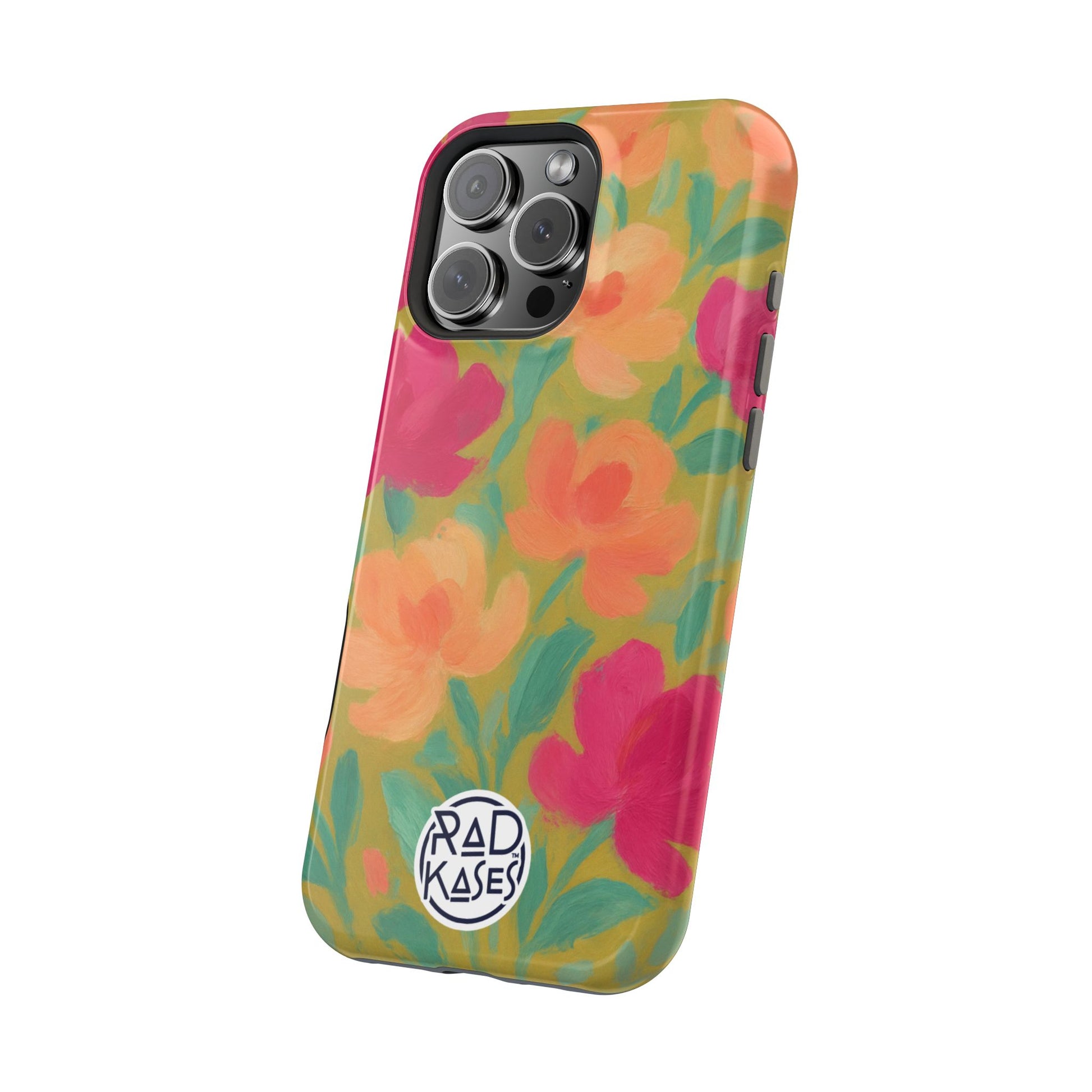 Floral phone case with 'Rad Kases' branding on a white background