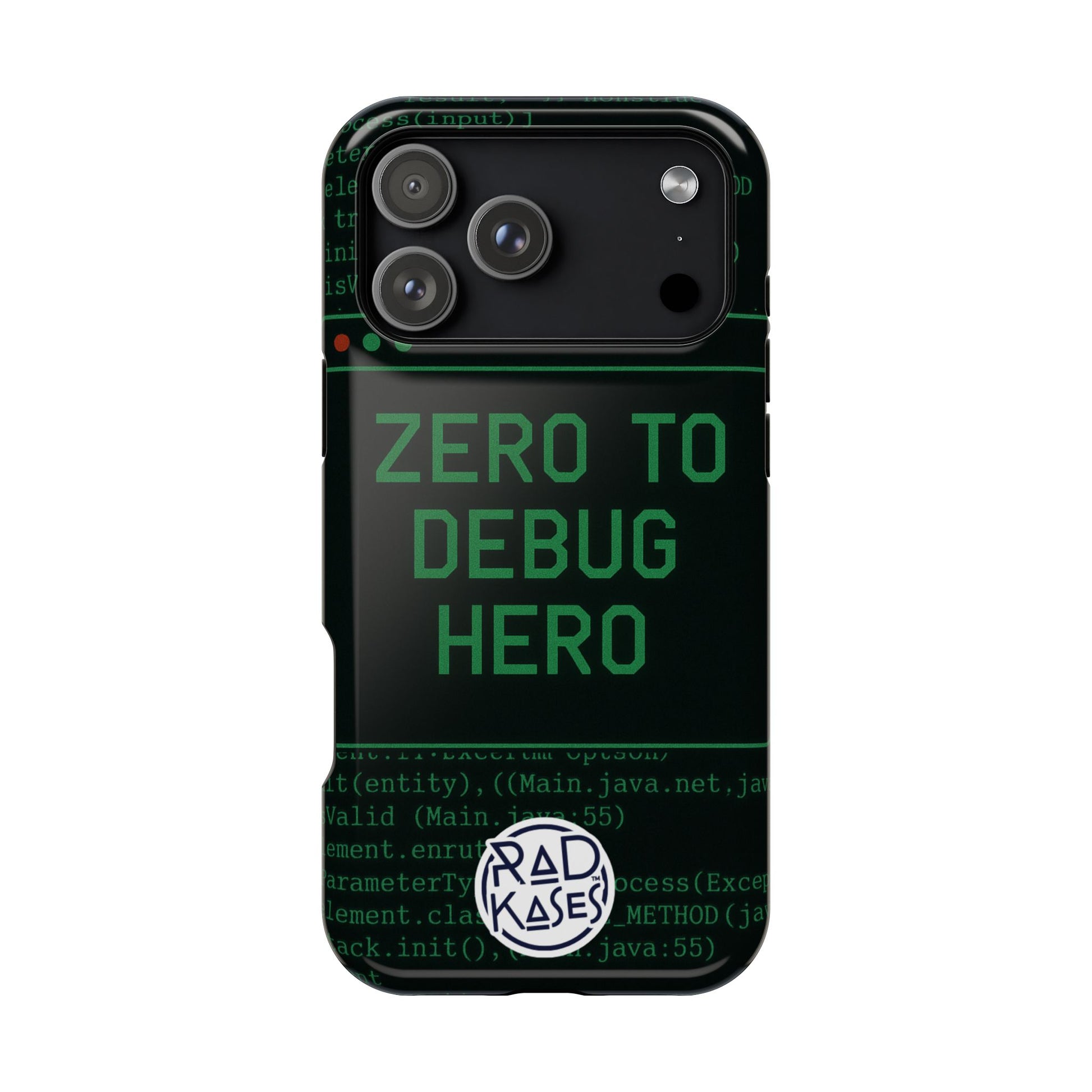 Phone case with 'Zero to Debug Hero' text and code design on a white background