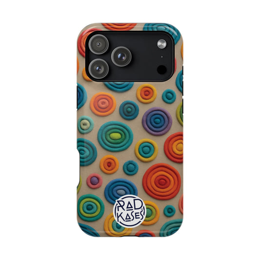 Phone case with colorful circular pattern and Rad Kases logo on a beige background