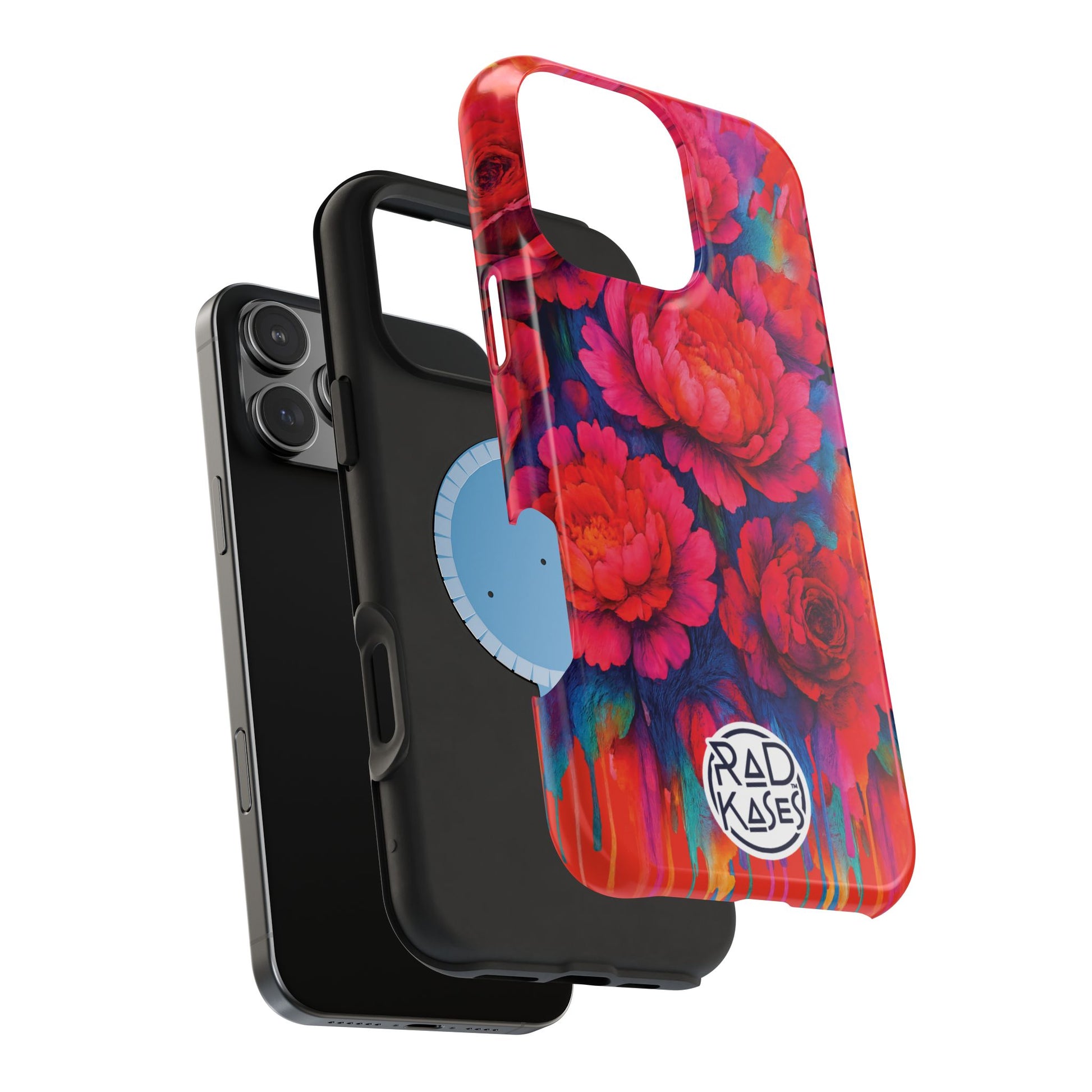 Colorful floral phone case with 'Rad Kases' branding on a white background