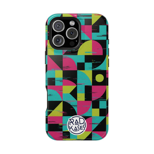 Phone case with geometric pattern and RADKASES branding on a white background