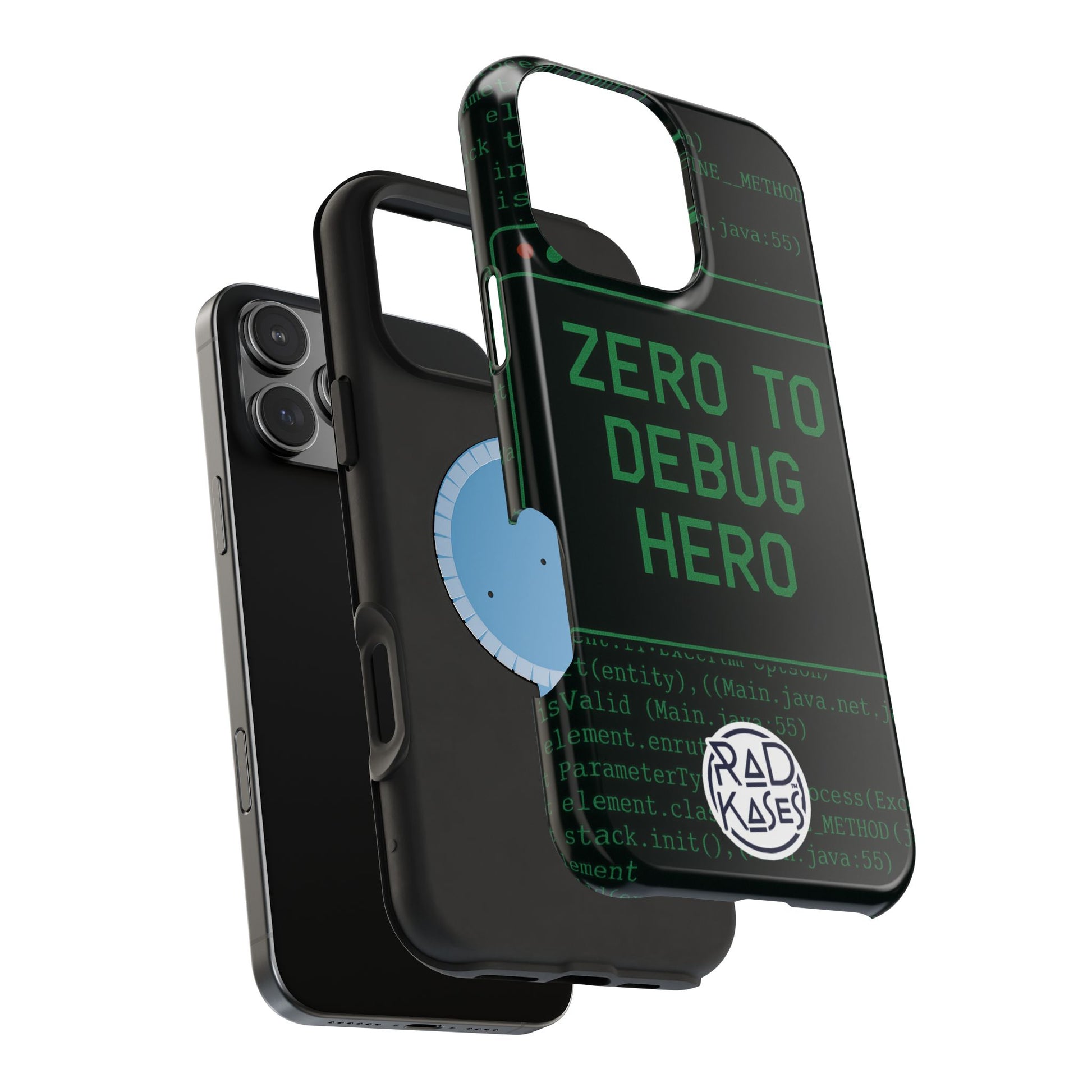 Phone case with 'Zero to Debug Hero' text and Rad Kases logo on a white background