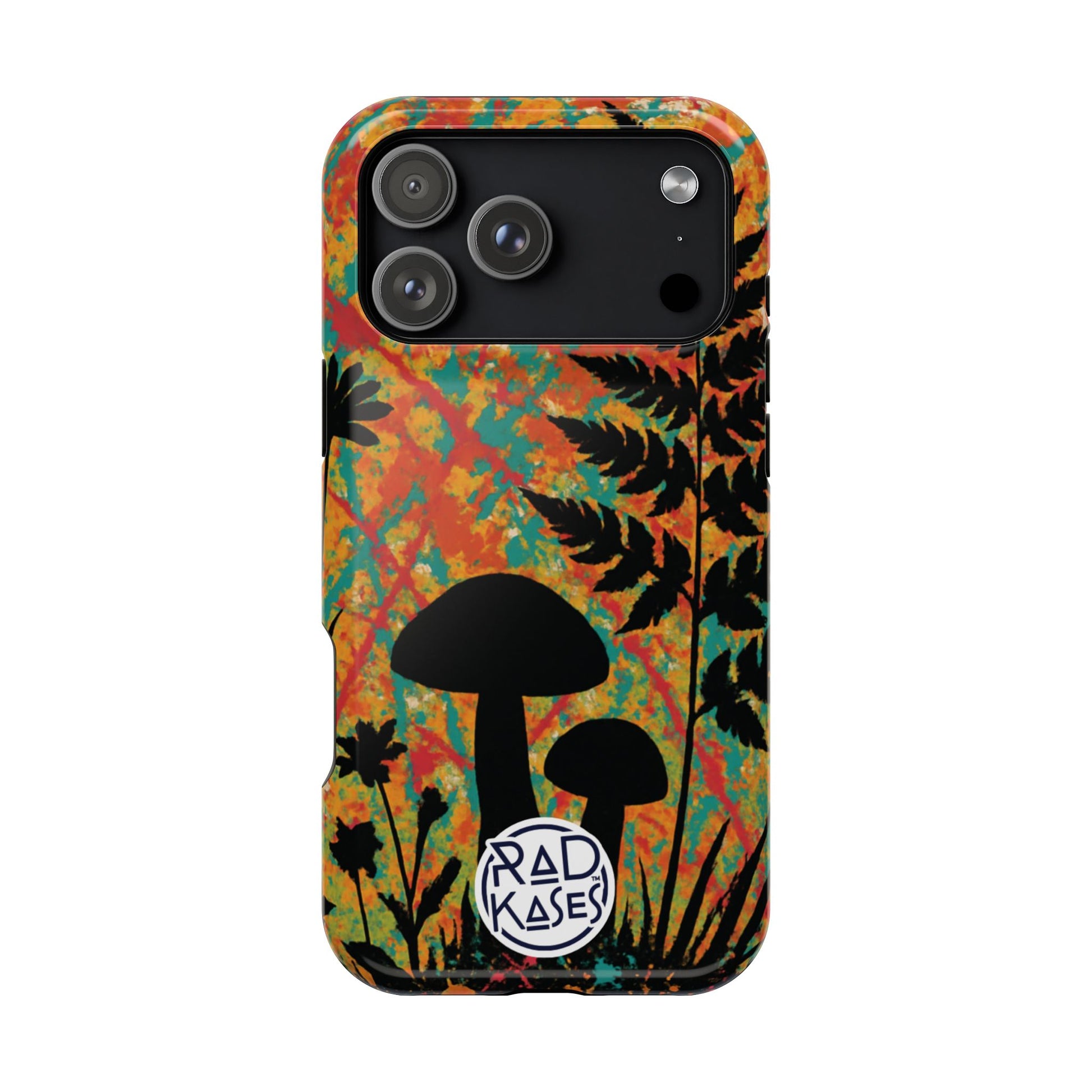 Phone case with colorful abstract design and mushroom silhouette, featuring the brand 'Rad Kases'.